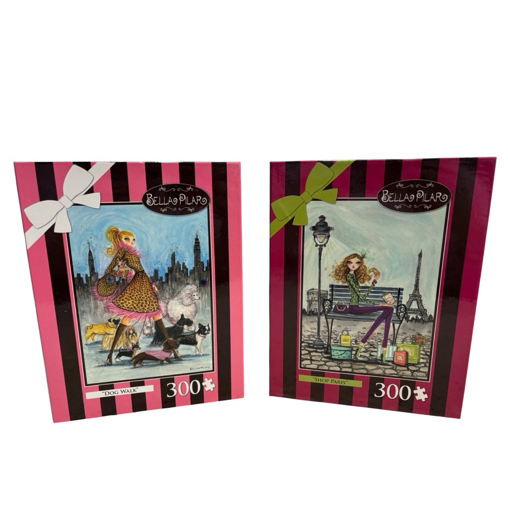Bella Pilar 300 Piece Puzzle Lot – “Dog Walk” & “Shop Paris” Fashion Art Puzzles